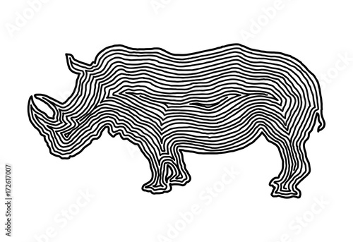A rhinoceros illustration icon in black offset line. Fingerprint style for logo or background.