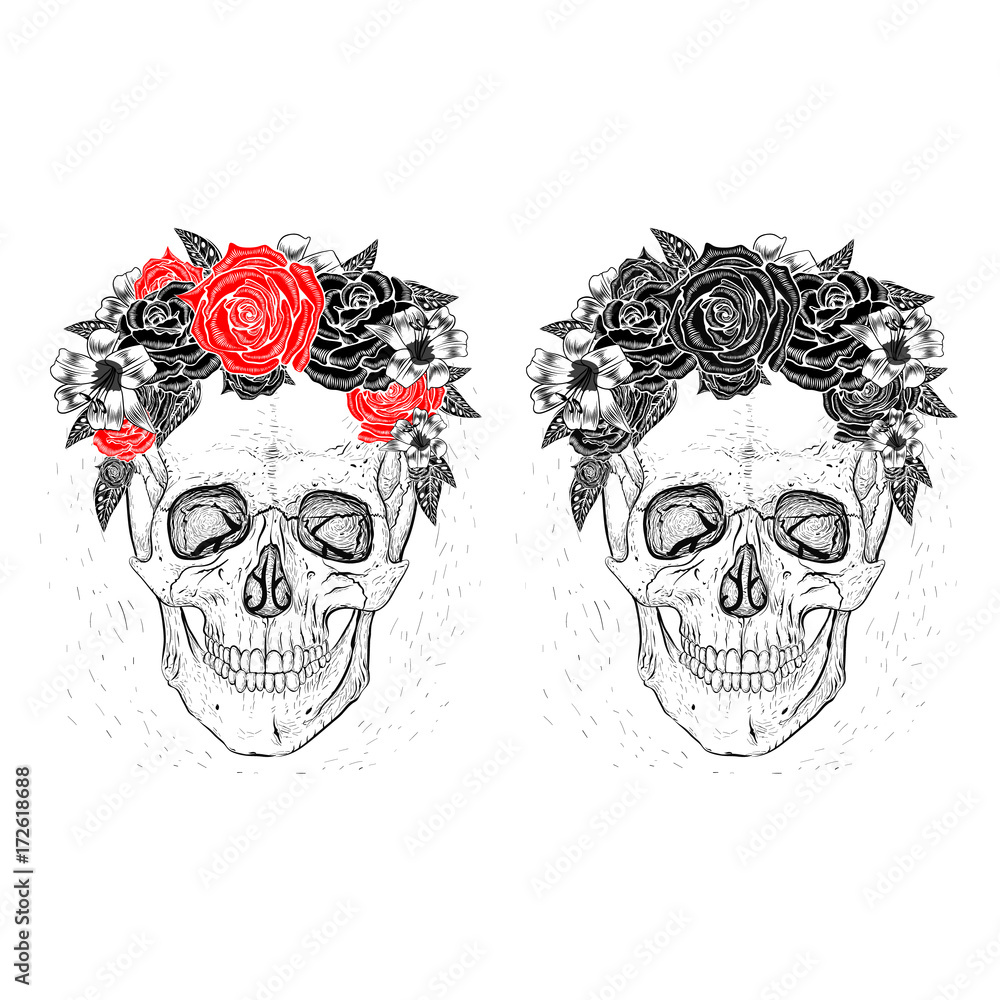 Skull and beautiful flowers. Hand-drawn style. Skull and beautiful flowers. Hand-drawn style.
