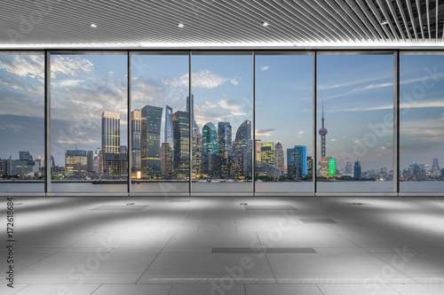 Photography cityscape and skyline of shanghai from glass window.