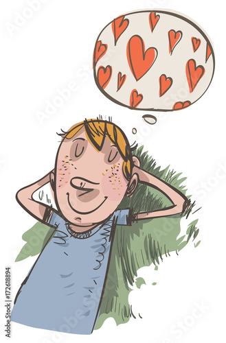 Young boy dreams of love. Vector illustration
