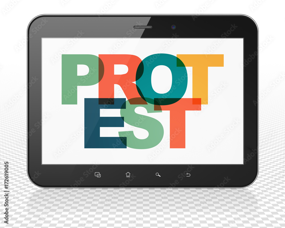 Politics concept: Tablet Pc Computer with Protest on display Politics concept: Tablet Pc Computer with Protest on display