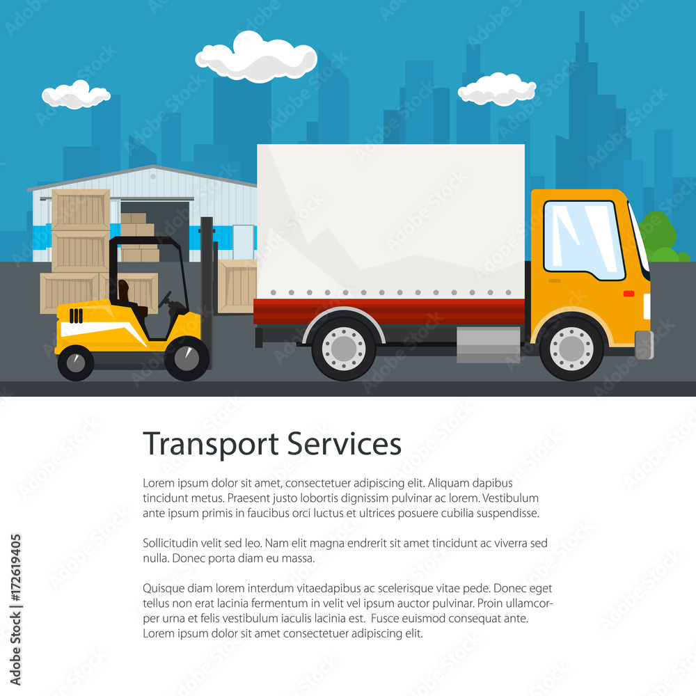 Warehouse and Transport Services ,Warehouse with Forklift Truck and Lorry on the Background of the City and Text , Unloading or Loading of Goods , Poster Flyer Brochure Design, Vector Illustration