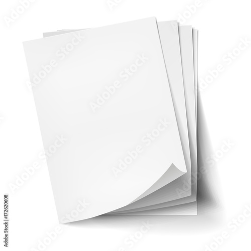 Vector Stack of four empty white sheets. Realistic empty paper note templates of A4 format with soft shadows isolated on white background.