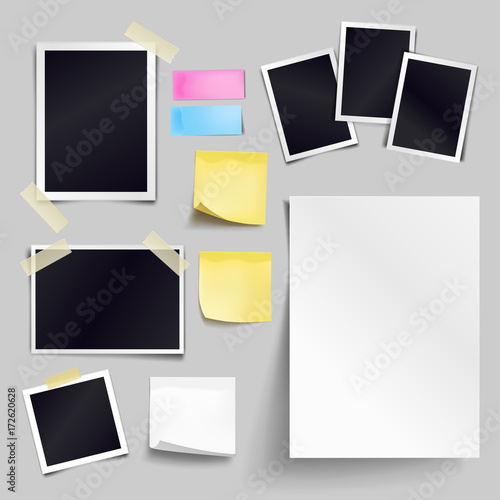 Vector set of blank paper objects. Empty white sheet of A4 format, photo frames, yellow sticky notes. Realistic empty paper templates with soft shadows isolated on gray background.