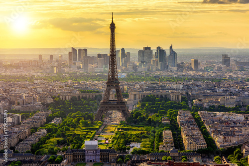Skyline of Paris with Eiffel Tower at sunset in Paris, France