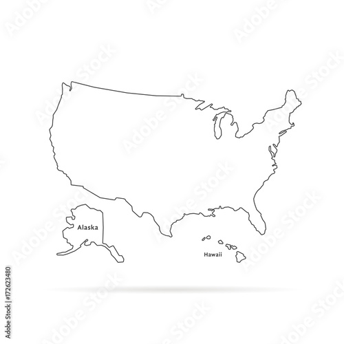 thin line usa map with other territories and shadow