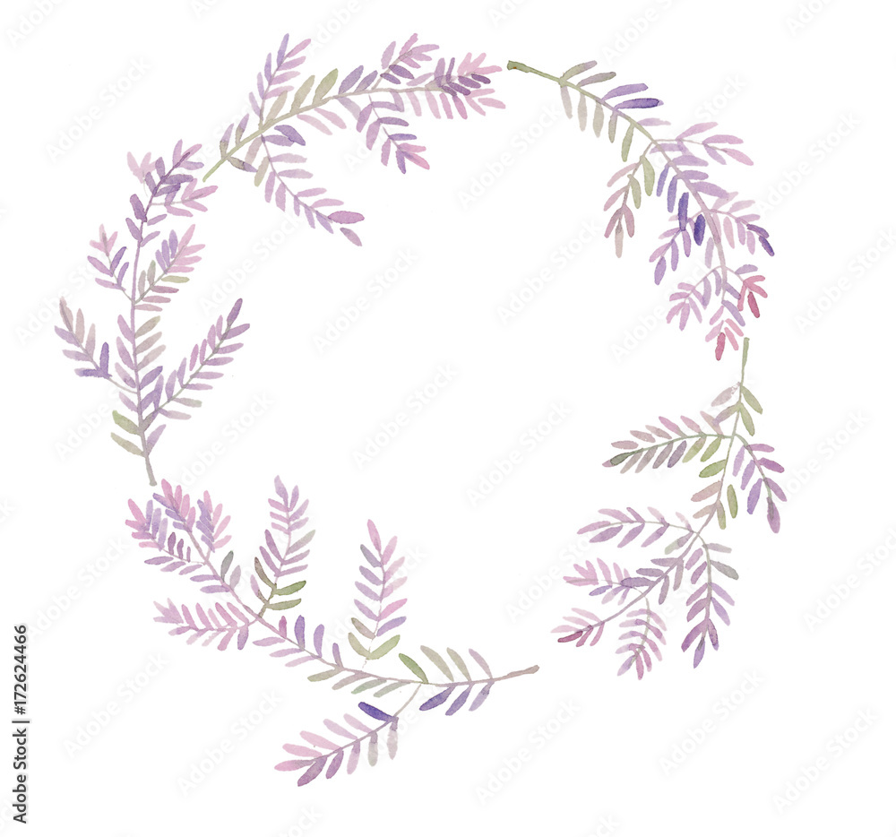 watercolor illustration, a wreath of purple leaves, lilac, green, for postcards, greeting cards, invitations, background, wedding, baby