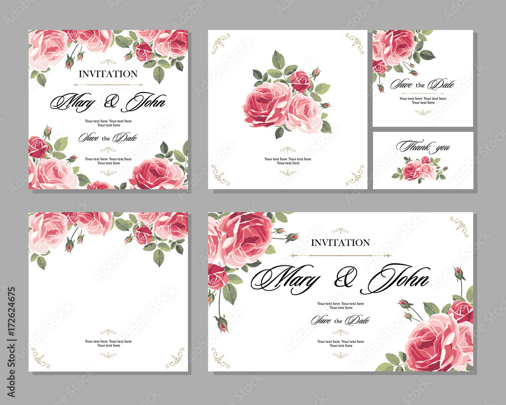 Set Wedding invitation vintage card with roses and antique decorative elements. Vector illustration