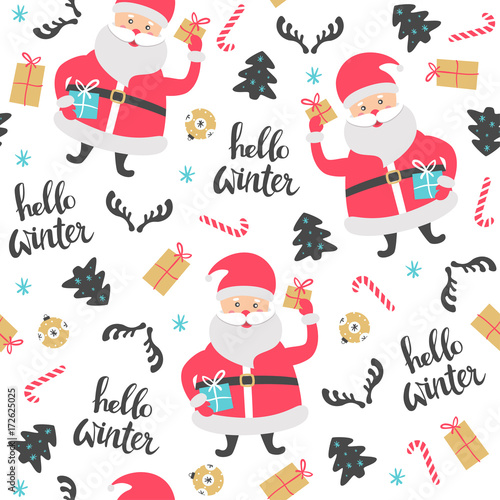 Christmas seamless pattern with Santa Claus. Vector illustration