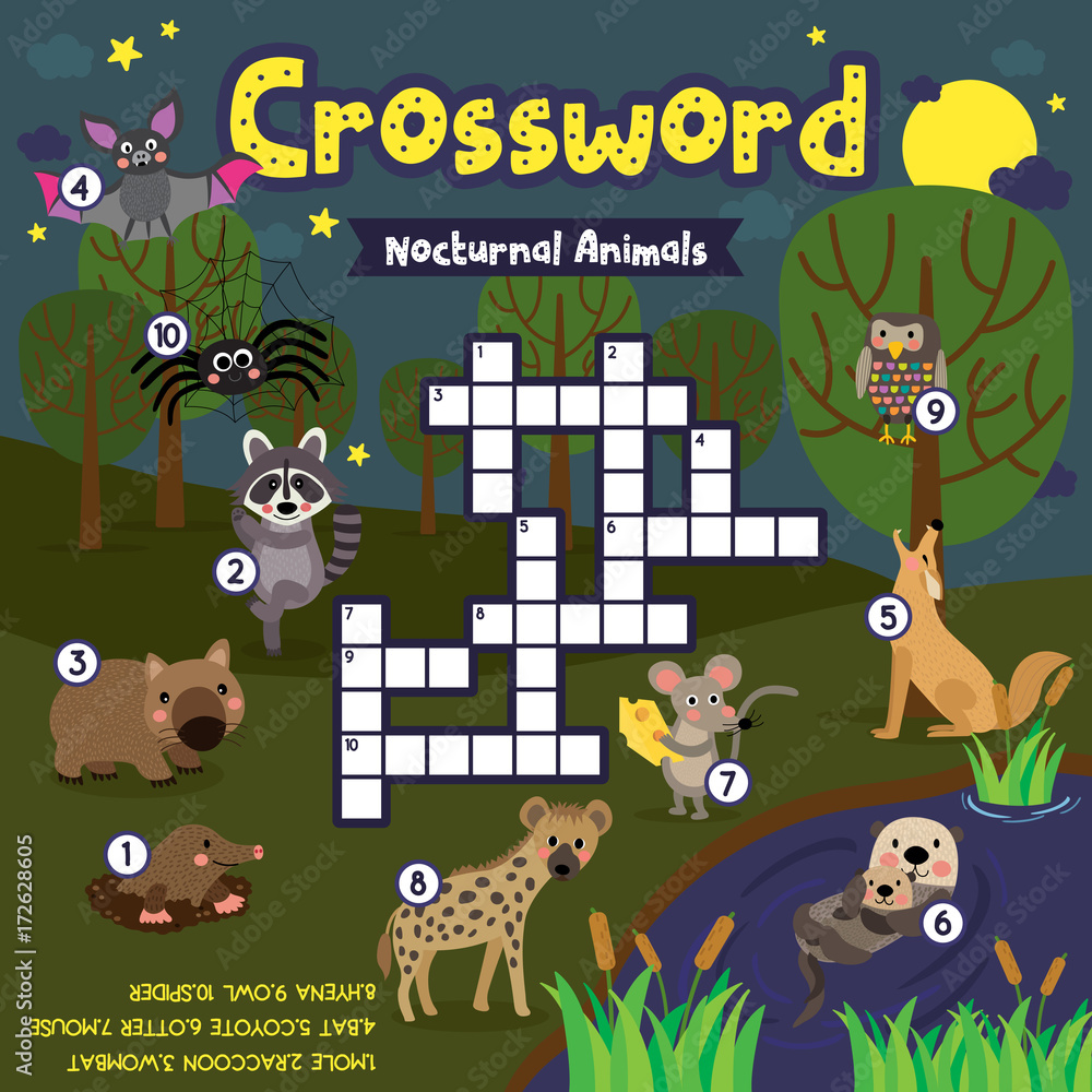 Crosswords puzzle game of nocturnal animals for preschool kids activity  worksheet colorful printable version. Vector Illustration. Stock Vector |  Adobe Stock