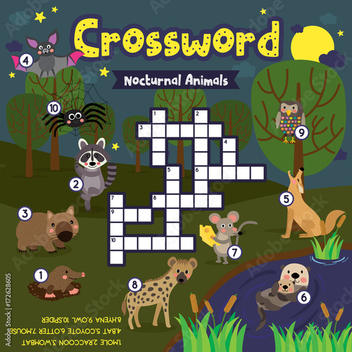Crosswords puzzle game of nocturnal animals for preschool kids activity worksheet colorful printable version. Vector Illustration.