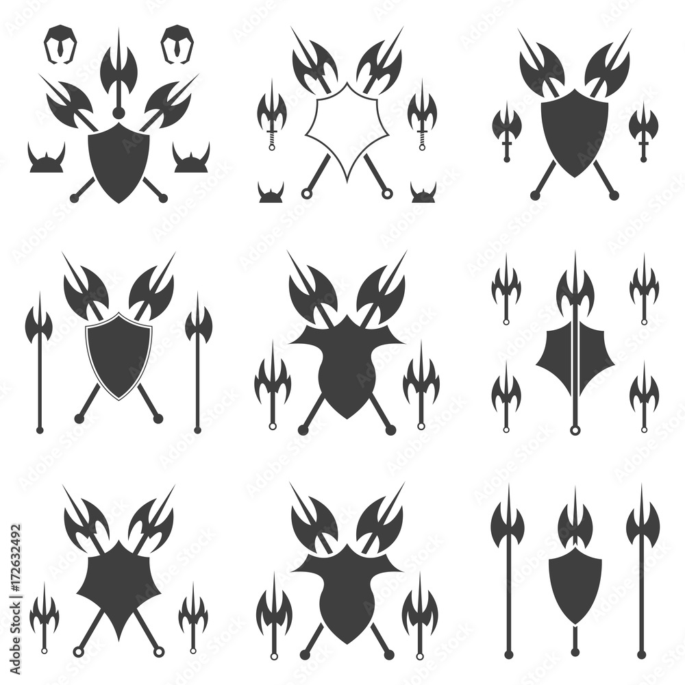Set of abstract shield and axe silhouette.