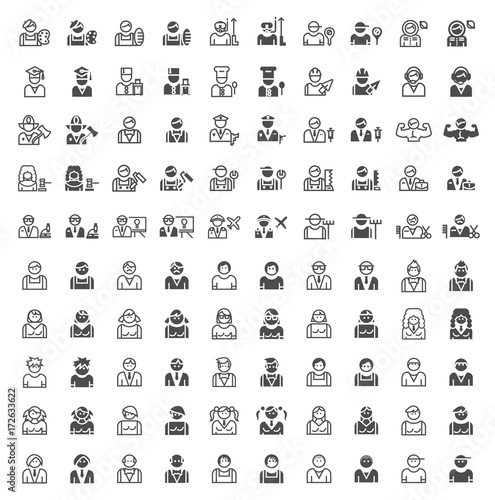 Set of 100 People and Professions Minimal and Solid Icons . Vector Isolated Elements