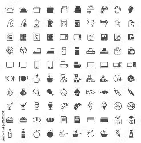 Set of 100 Restaurant and Home Appliances Minimal and Solid Icons. Vector Isolated Elements