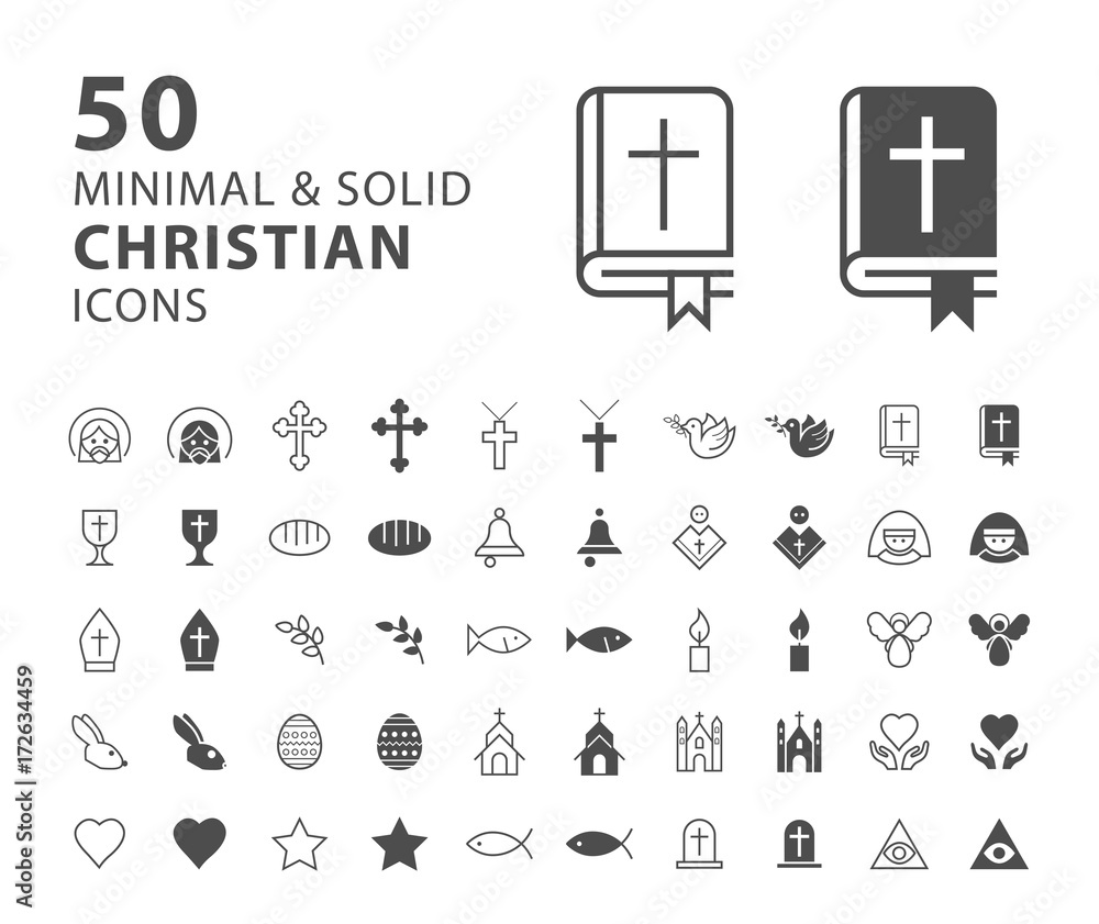 Naklejka premium Set of 50 Minimal and Solid Christian Icons on White Background . Vector Isolated Elements