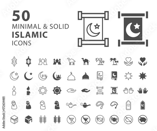 Set of 50 Minimal and Solid Islamic Icons on White Background . Vector Isolated Elements