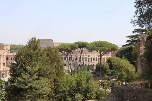 Resti archeologici ai Fori Imperiali. Vista del Colosseo. Roma Italia