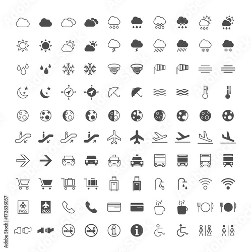Set of 100 Thin Line and Solid Weather and Airport Icons on White Background . Vector Isolated Elements
