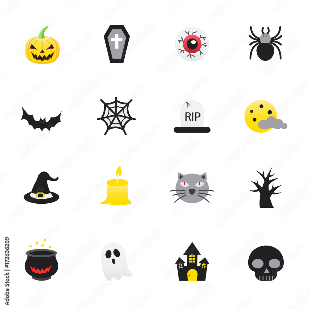 Halloween and Pumpkin. Set of Halloween Vector Illustration Color Icons Flat Style.