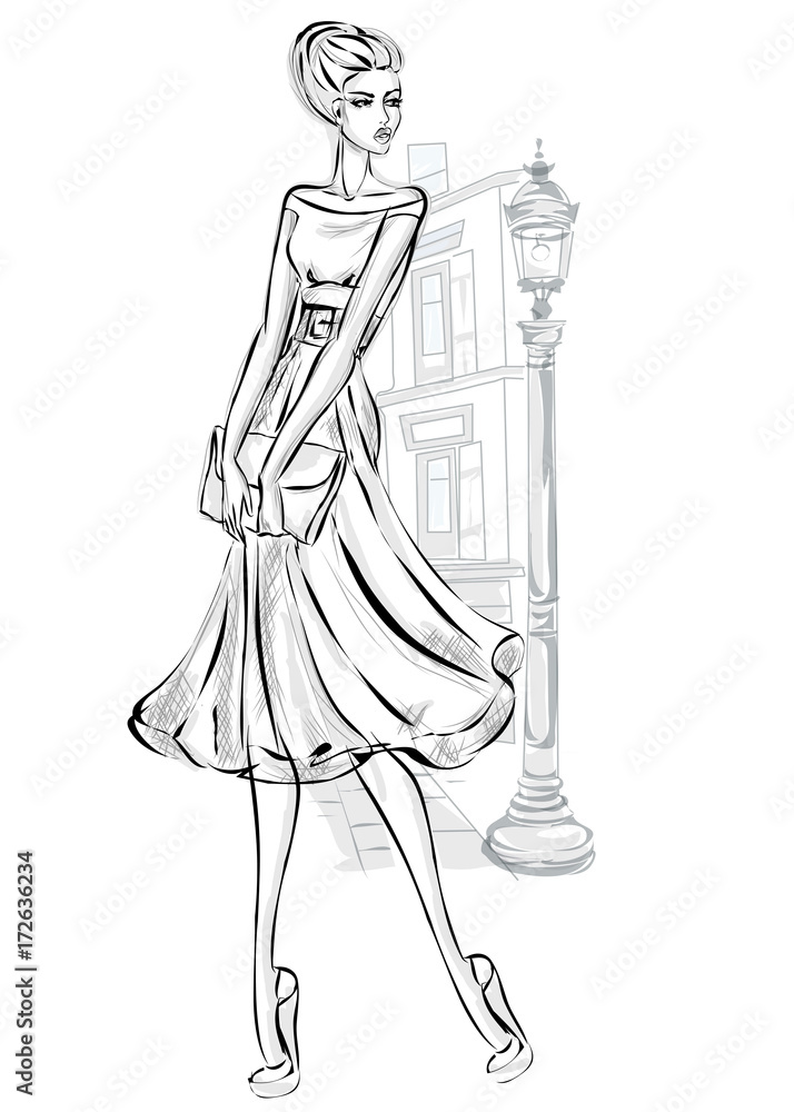 Watercolor fashion illustration isolated on white background Freehand  sketch of beautiful young girl in a long fluttering purpleviolet dress  Evening cocktail dress Stage and dance wear Catwalk Stock Illustration   Adobe Stock