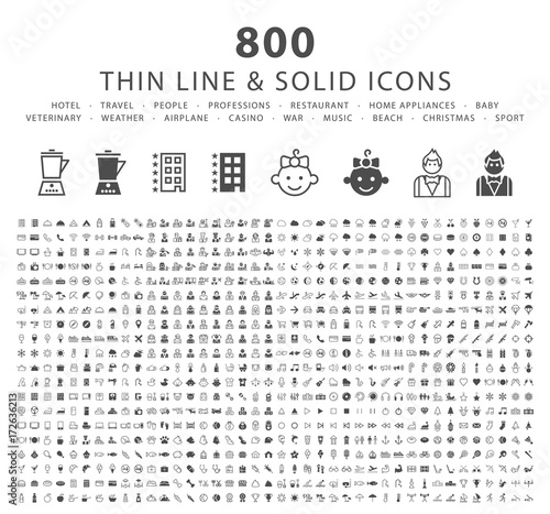 Set of 800 Thin Line and Solid Icons ( Hotel Travel People Professions Restaurant Home Appliances Baby Veterinary Weather Airplane Casino War Music Beach Christmas and Sport )