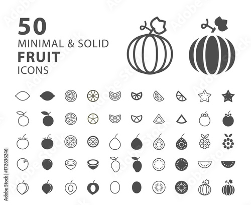 Set of 50 Minimal and Solid Fruit Icons on White Background . Vector Isolated Elements