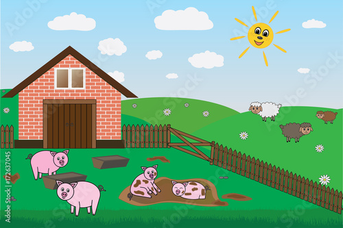 pigs  sheep on farm  pasture  vector