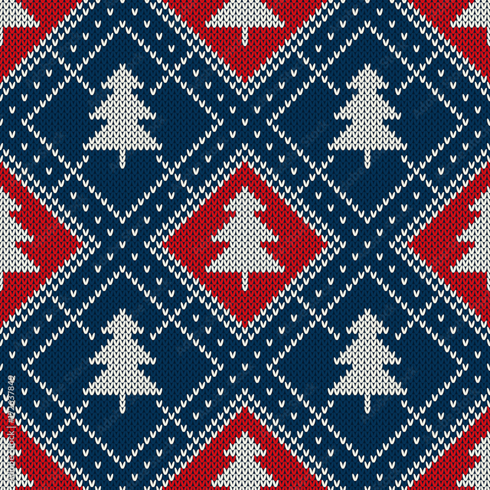 Winter Holiday Seamless Knitted Pattern with a Christmas Trees. Knitting Sweater Design. Wool Knitted Texture Imitation