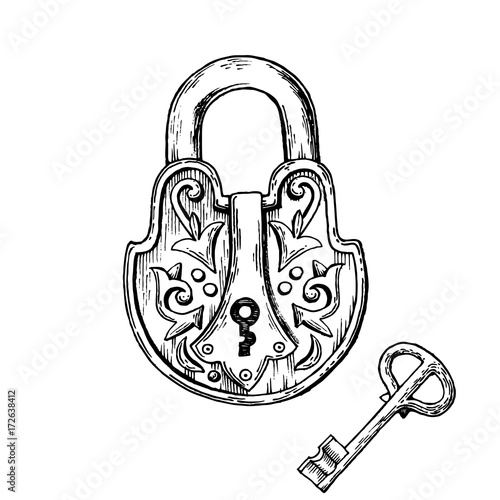 Lock and key engraving vector illustration