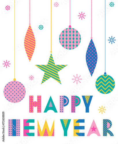HAPPY NEW YEAR. Trendy geometric font in memphis style of 80s-90s. Abstract colored christmas decorations isolated on white background