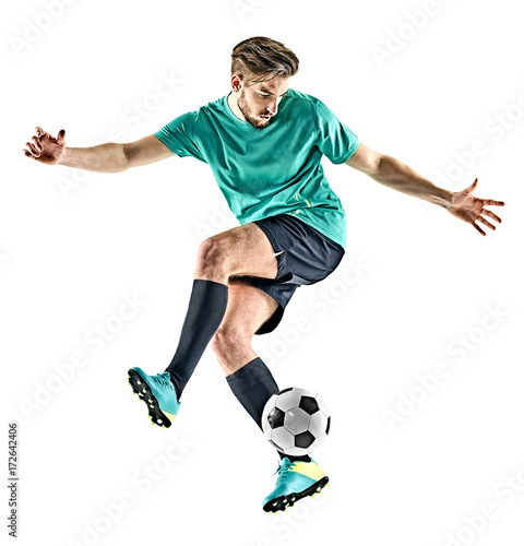 one caucasian soccer player man jungling isolated on white background
