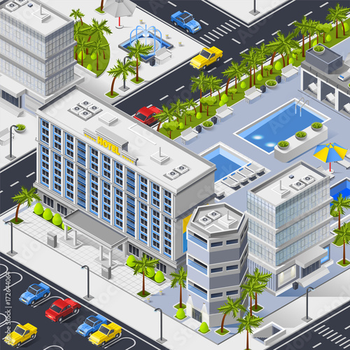 City Landscape With Hotels Pools And Car Parking 