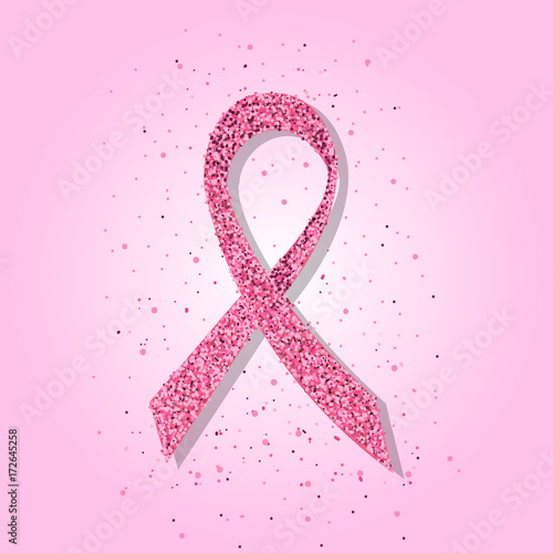 Breast cancer awareness month. Pink glitter isolated ribbon. Vector hand drawn illustration.