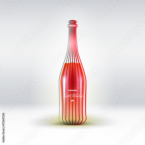 Wine bottle mockup (mock up). Modern lines design. Vector 3d illustration. Red wine, red bottle and glow on white background