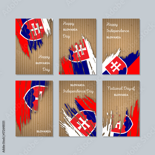 Slovakia Patriotic Cards for National Day. Expressive Brush Stroke in National Flag Colors on kraft paper background. Slovakia Patriotic Vector Greeting Card.