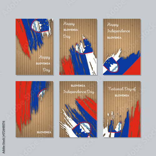 Slovenia Patriotic Cards for National Day. Expressive Brush Stroke in National Flag Colors on kraft paper background. Slovenia Patriotic Vector Greeting Card.