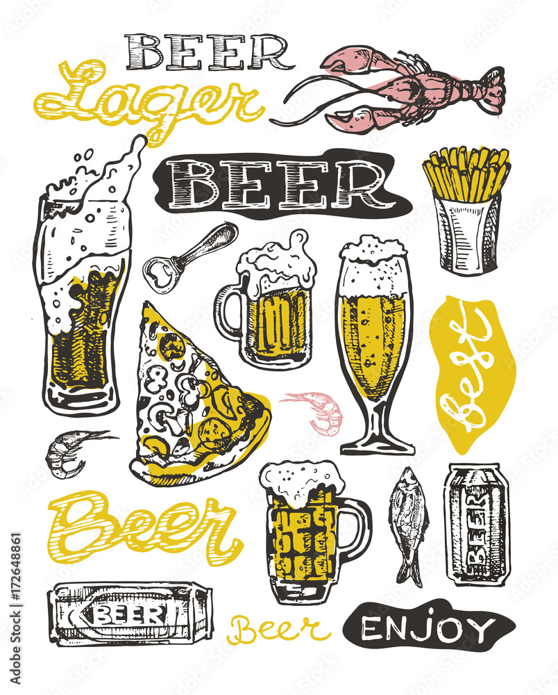 Plakat Październikowy fest. Wektor szklanki do piwa i kubki, kapelusz, beczka, precle w stylu wyciągnąć rękę. Pić piwo. Ilustracji wektorowych.