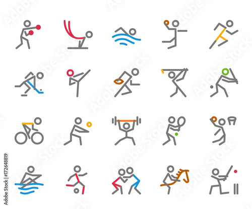 Sport Icons,  Monoline, human figure concept, The icons were created on a 32x32 pixel aligned, perfect grid providing a clean and crisp appearance. Adjustable stroke weight. 