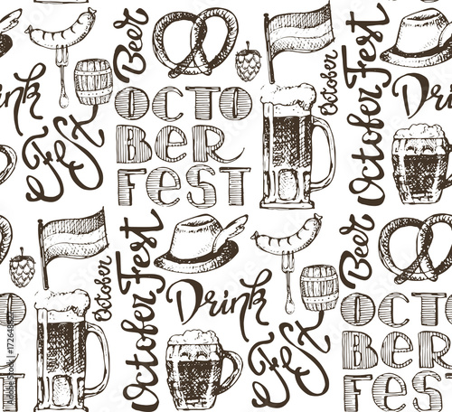 October fest. Vector  beer glasses and mugs, hat, barrel, pretzels in hand drawn style. Drink beer. Vector illustration.