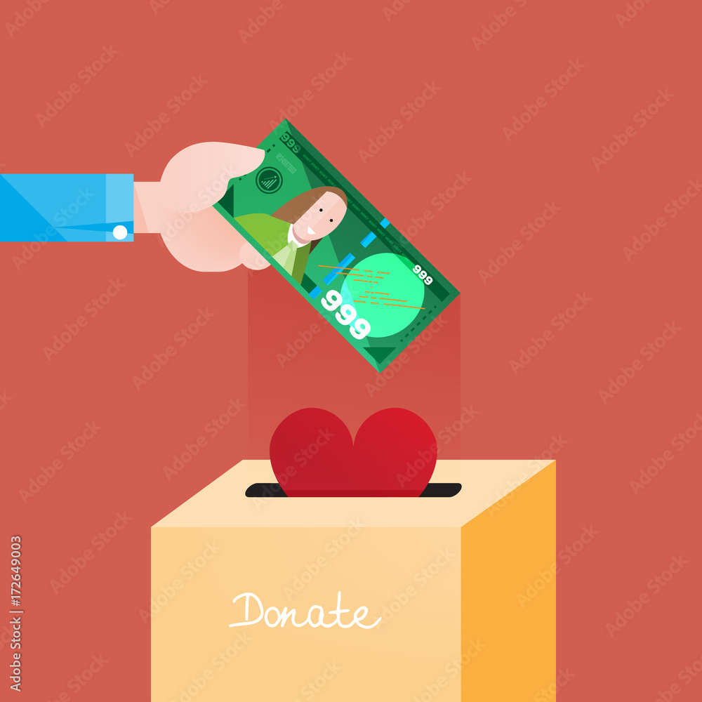 Outstretched hand putting a dollar bill to a charity box (donation, donate). Red heart in a paper box. Red background, modern, flat 2.0 style Outstretched hand putting a dollar bill to a charity box (donation, donate). Red heart in a paper box. Red background, modern, flat 2.0 style