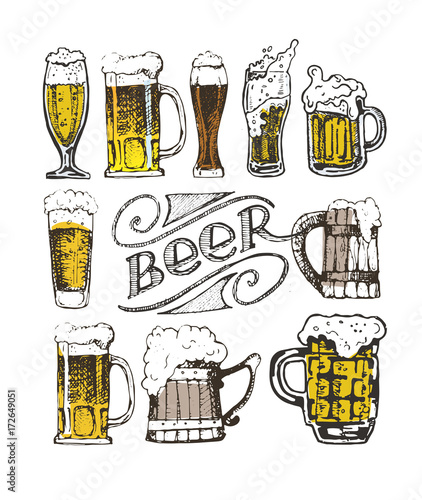 October fest. Vector  beer glasses and mugs, hat, barrel, pretzels in hand drawn style. Drink beer. Vector illustration.