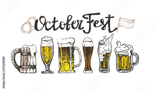October fest. Vector  beer glasses and mugs, hat, barrel, pretzels in hand drawn style. Drink beer. Vector illustration.