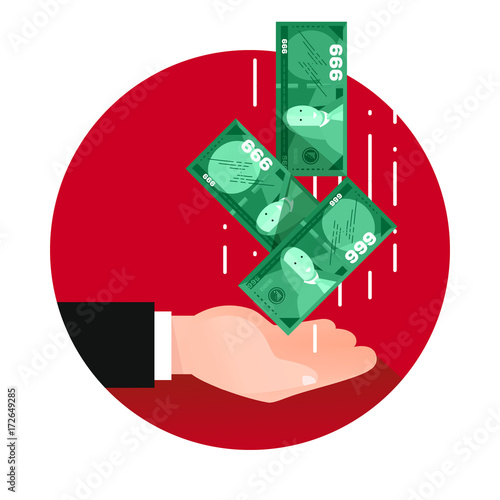 Outstretched hand with dollars (money) falling in. Red background, multiple exposure. Modern flat 2.0 style