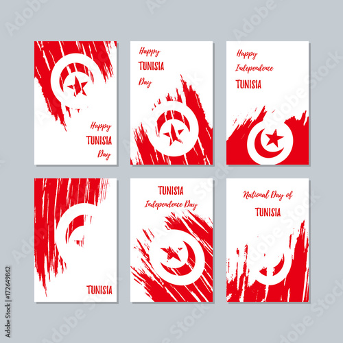 Tunisia Patriotic Cards for National Day. Expressive Brush Stroke in National Flag Colors on white card background. Tunisia Patriotic Vector Greeting Card.