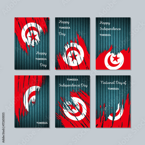 Tunisia Patriotic Cards for National Day. Expressive Brush Stroke in National Flag Colors on dark striped background. Tunisia Patriotic Vector Greeting Card.