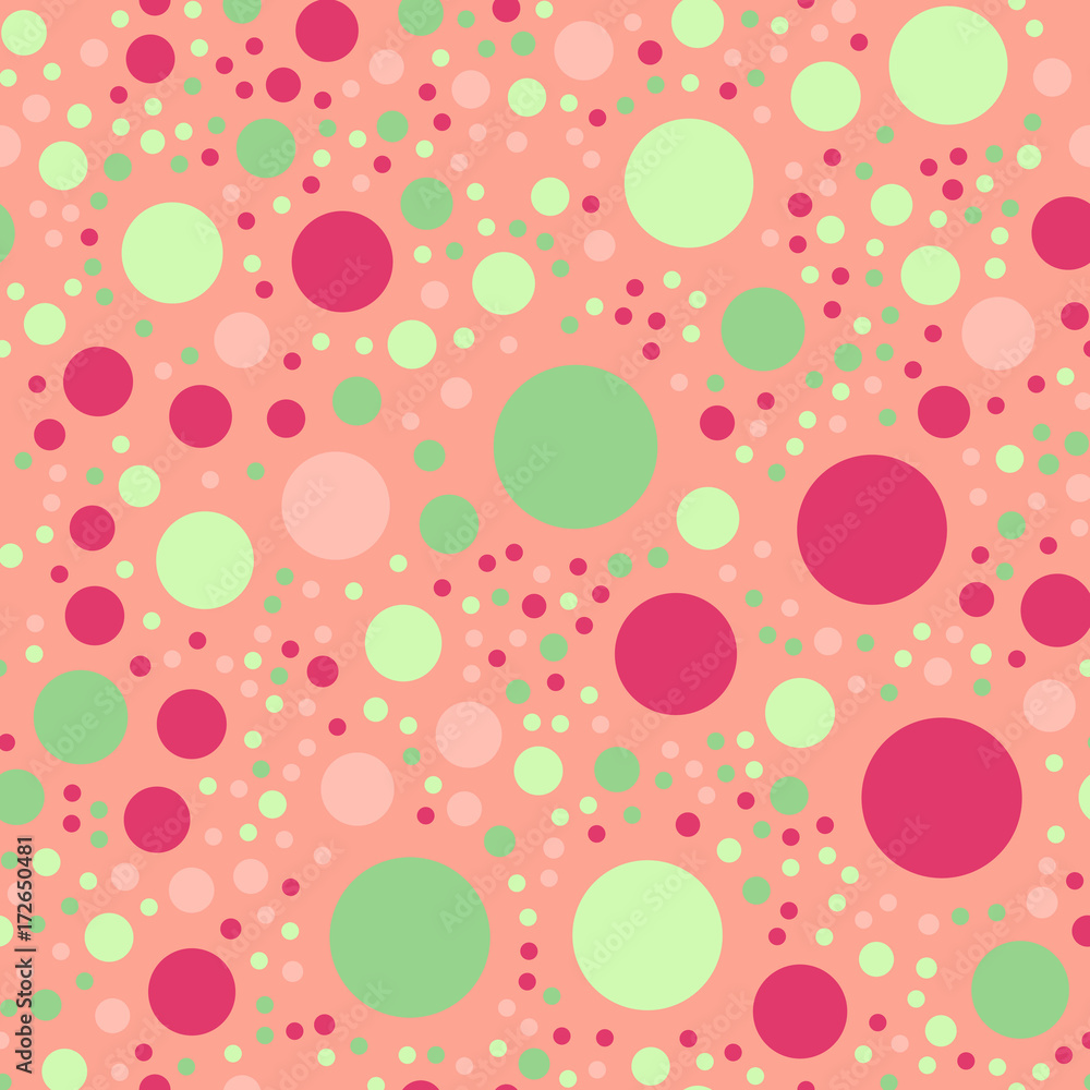 Colorful polka dots seamless pattern on bright 20 background. Awesome classic colorful polka dots textile pattern. Seamless scattered confetti fall chaotic decor. Abstract vector illustration.