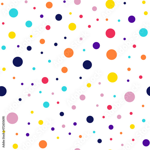 Memphis style polka dots seamless pattern on white background. Unusual modern memphis polka dots creative pattern. Bright scattered confetti fall chaotic decor. Vector illustration.