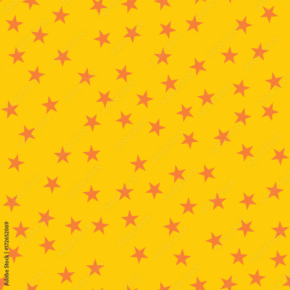 Orange stars seamless pattern on yellow background. Symmetrical endless random scattered orange stars festive pattern. Modern creative chaotic decor. Vector abstract illustration. Orange stars seamless pattern on yellow background. Symmetrical endless random scattered orange stars festive pattern. Modern creative chaotic decor. Vector abstract illustration.