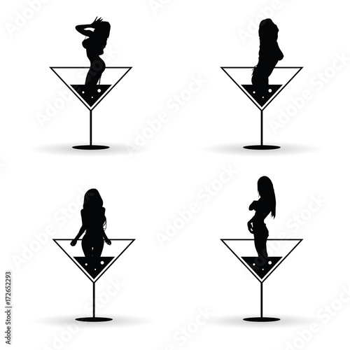 girl silhouette in martini glass set illustration