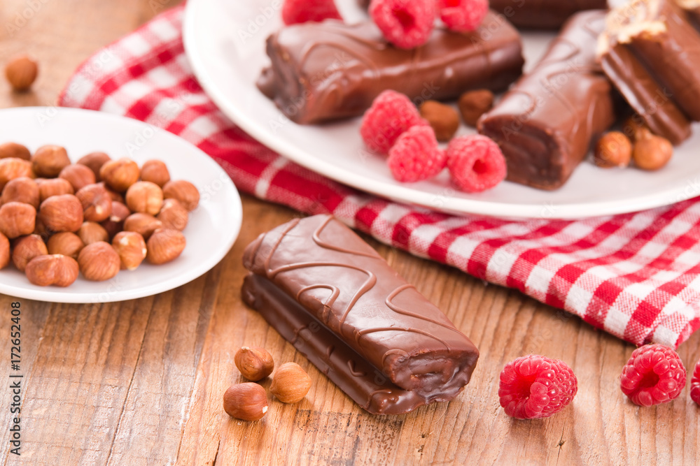 Chocolate rolls with hazelnuts and raspberries. Chocolate rolls with hazelnuts and raspberries.